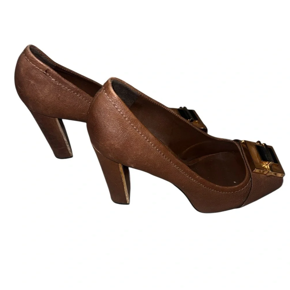 Tory Burch Quentin Landed Capra Peep Toe Leather Heels Fig Brown 8.5 Chocolate